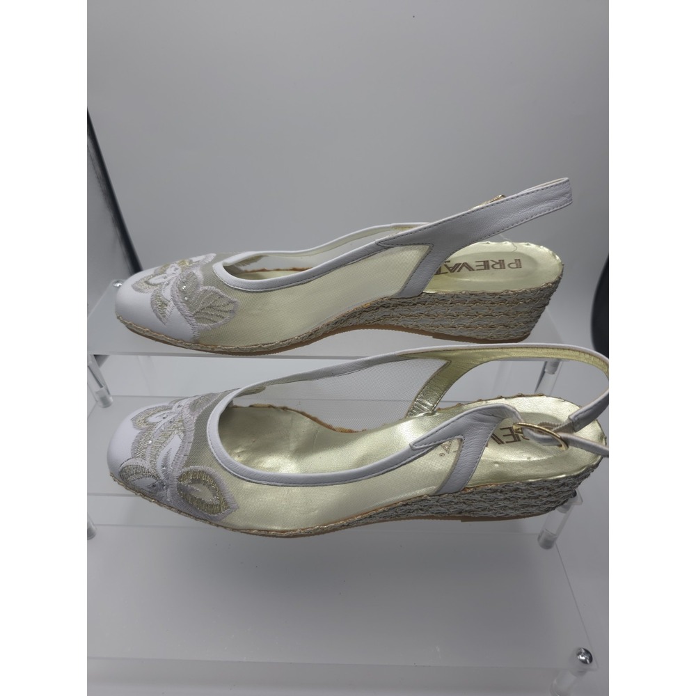 PREVATAwhite and beige slingback wedge shoes with mesh sides and embroidered Sz9